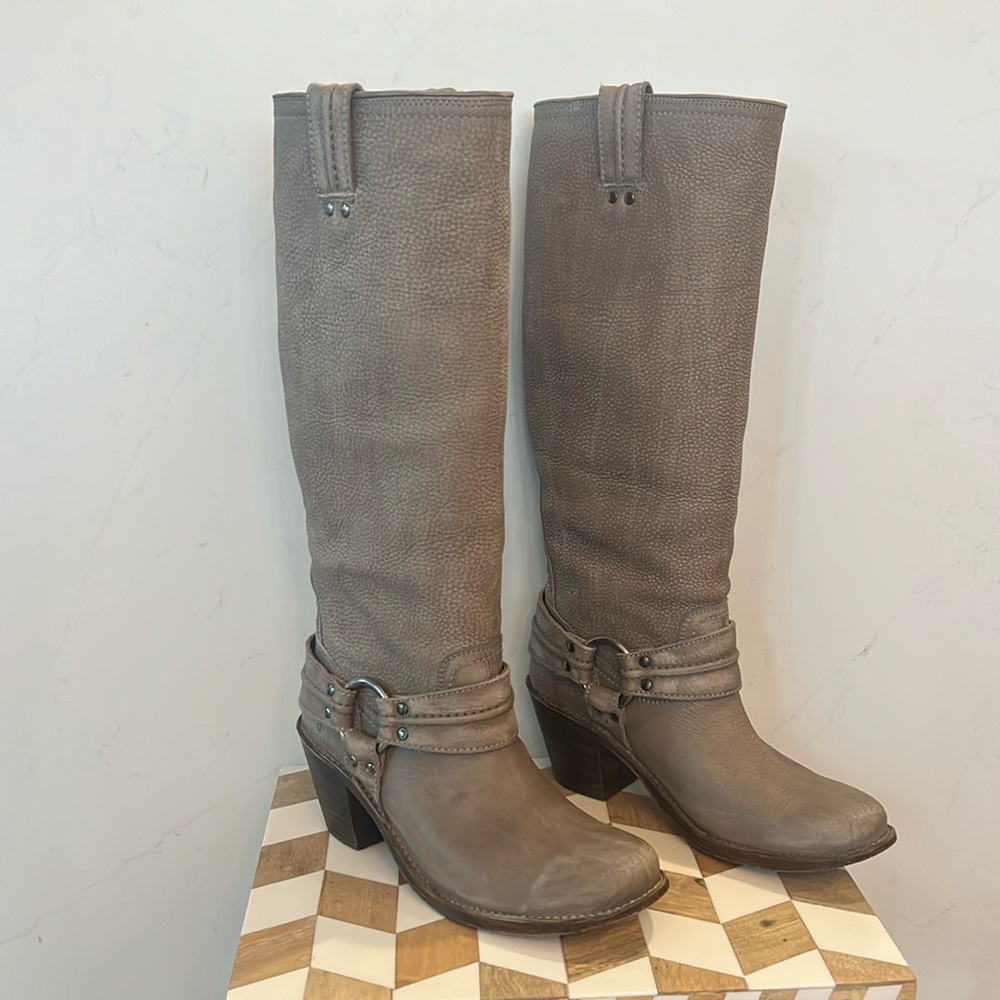 Frye Carmen Harness Tall Boots - Gray/Taupe, size 8, excellent condition